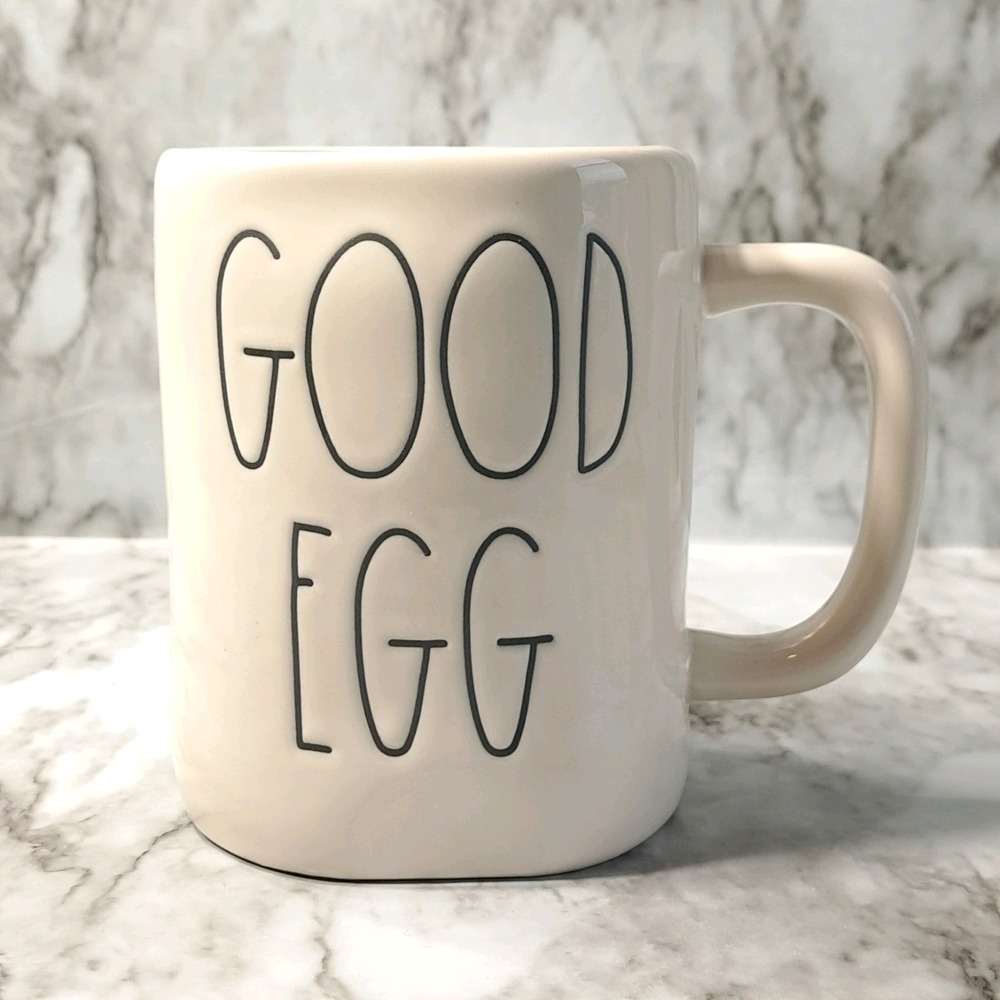 Rae Dunn By Magenta Good/Bad Egg White Coffee/Tea Ceramic Mug 12 oz Double Sided